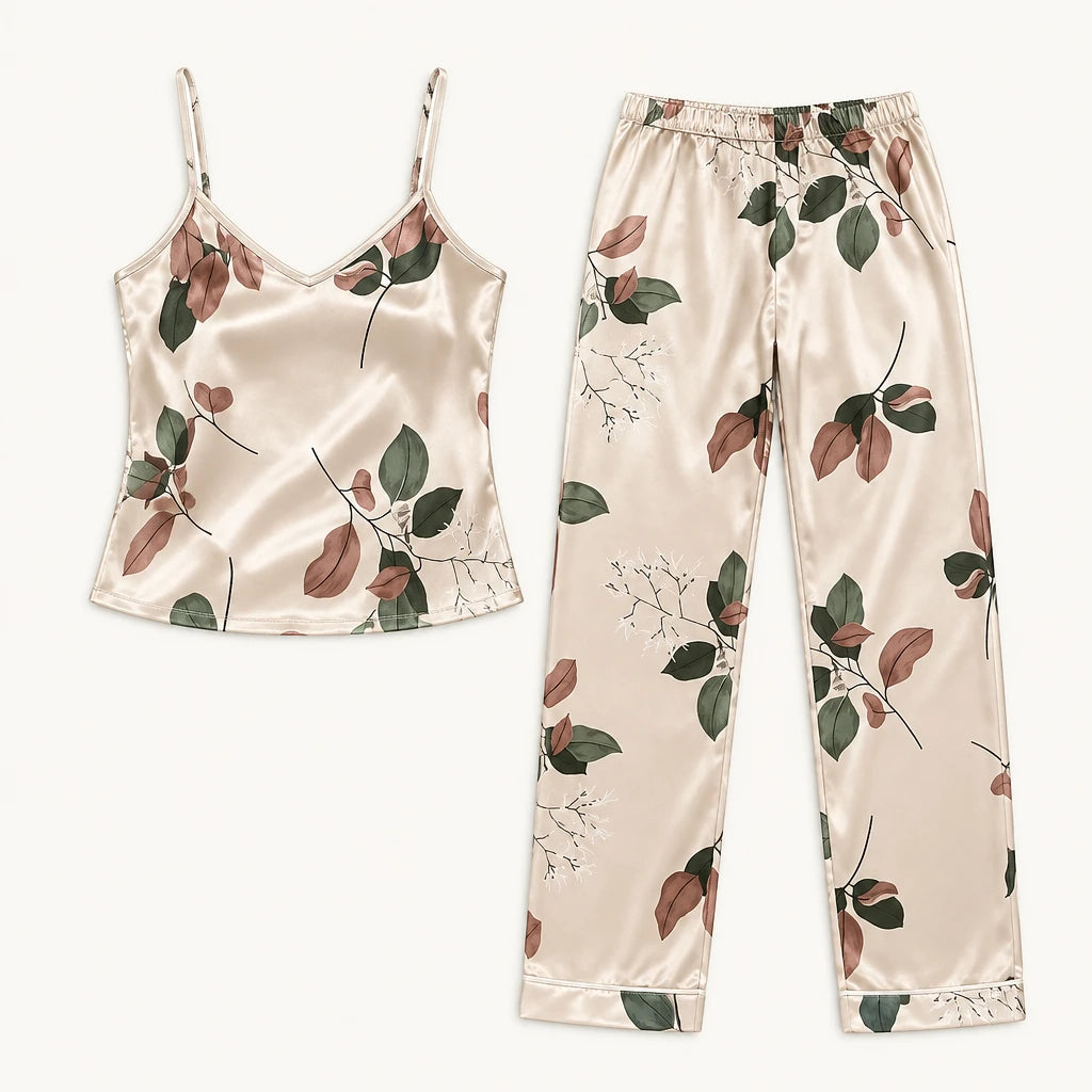 Pyjama Caraco Et Pantalon En Satin Imprimé Feuilles