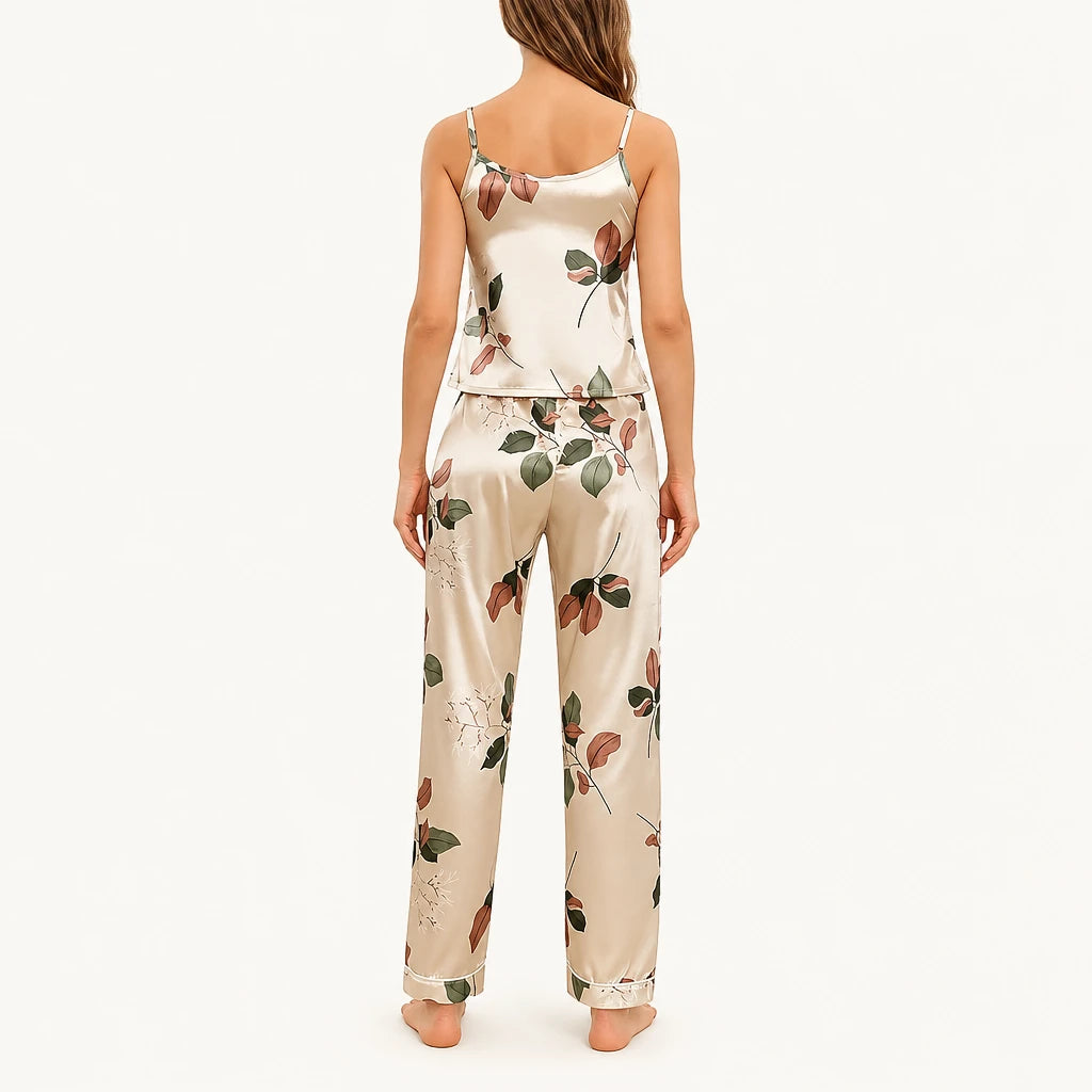 Pyjama Caraco Et Pantalon En Satin Imprimé Feuilles