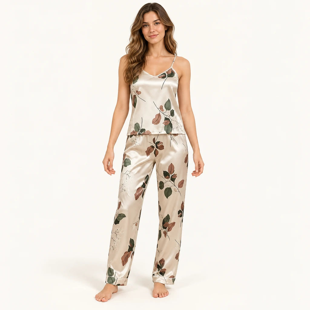 Pyjama Caraco Et Pantalon En Satin Imprimé Feuilles