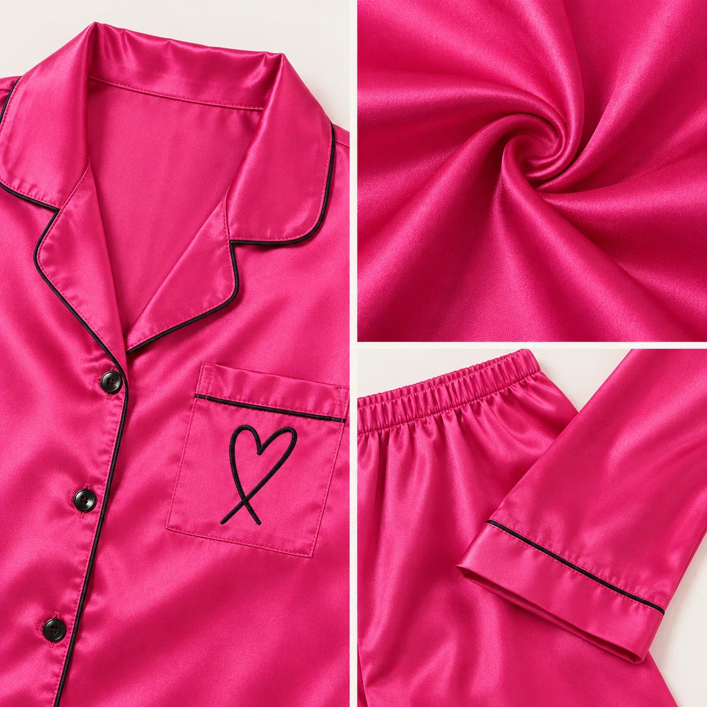 Pyjama Chemise Pantalon Femme En Satin Brodé Cœur