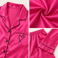 Pyjama Chemise Pantalon Femme En Satin Brodé Cœur