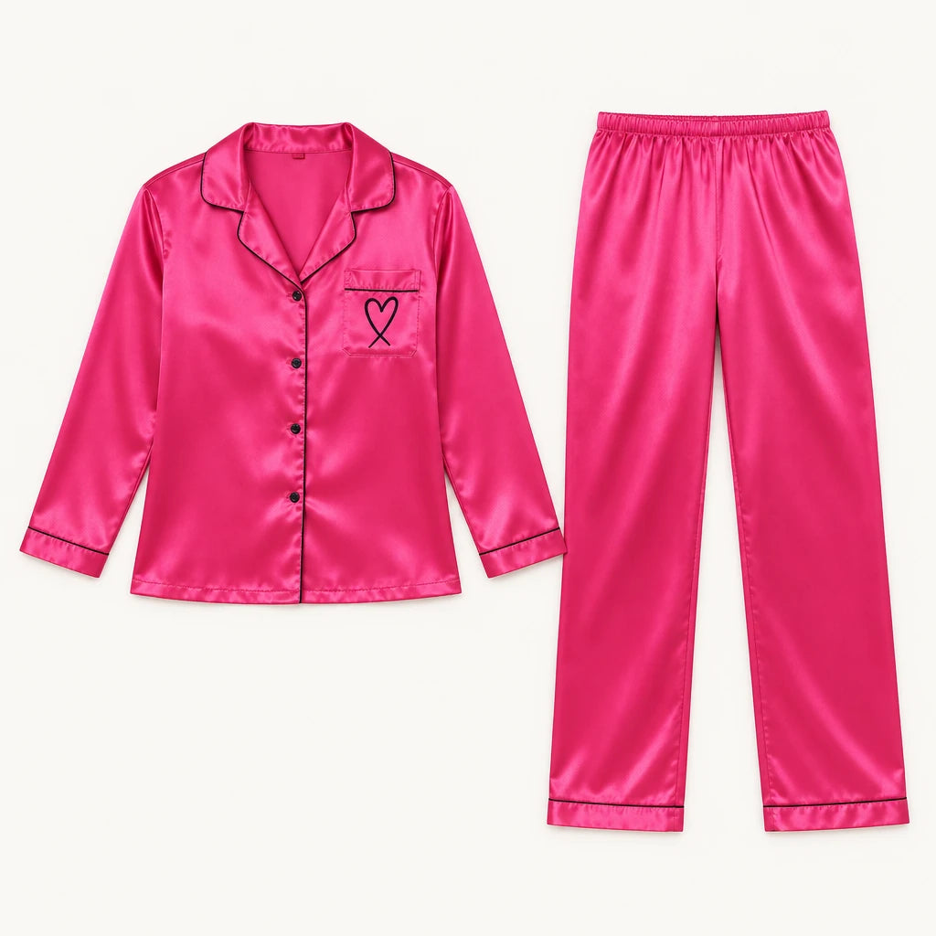 Pyjama Chemise Pantalon Femme En Satin Brodé Cœur