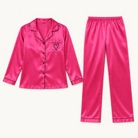 Pyjama Chemise Pantalon Femme En Satin Brodé Cœur