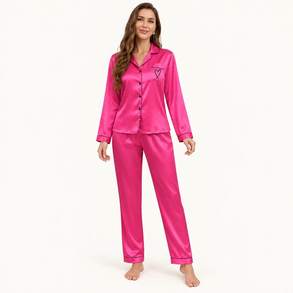 Pyjama Chemise Pantalon Femme En Satin Brodé Cœur