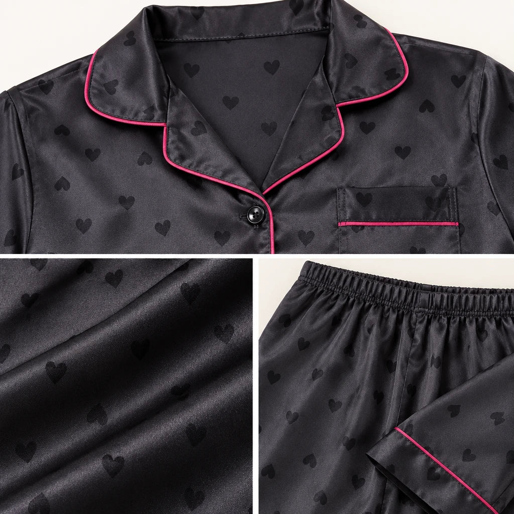 Pyjama Chemise Pantalon Femme En Satin Imprimé Cœurs