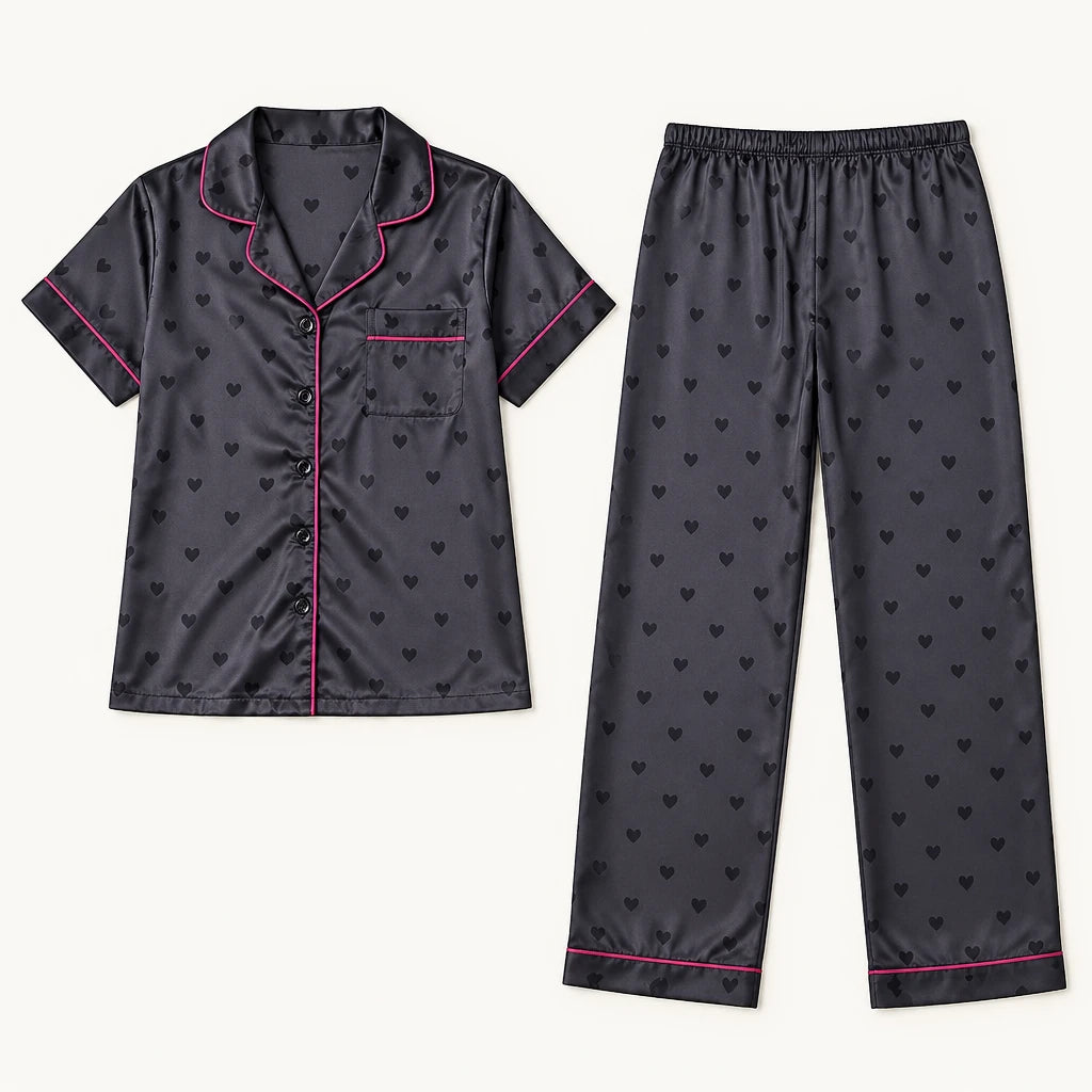 Pyjama Chemise Pantalon Femme En Satin Imprimé Cœurs