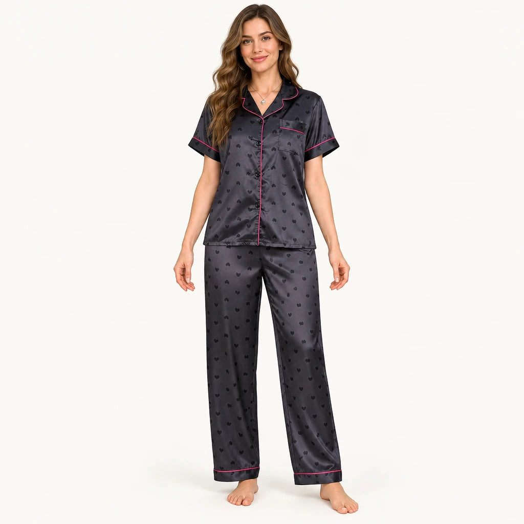 Pyjama Chemise Pantalon Femme En Satin Imprimé Cœurs