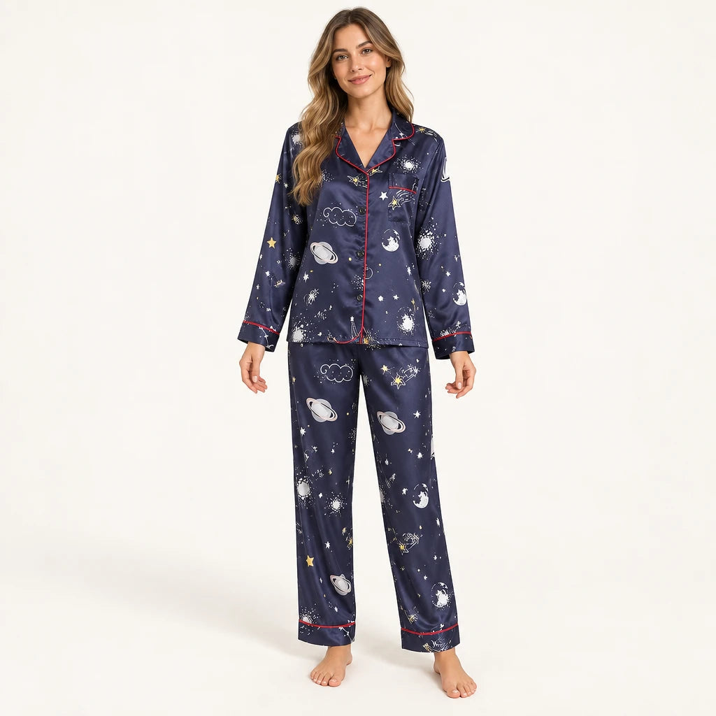 Pyjama Chemise Pantalon Femme En Satin Imprimé