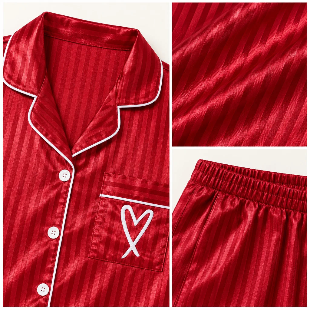 Pyjama Chemise Pantalon Femme En Satin Rayé Rouge