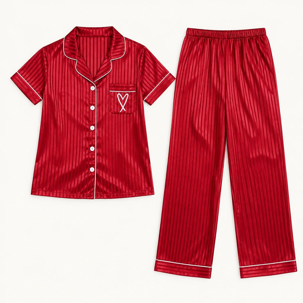 Pyjama Chemise Pantalon Femme En Satin Rayé Rouge