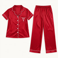 Pyjama Chemise Pantalon Femme En Satin Rayé Rouge