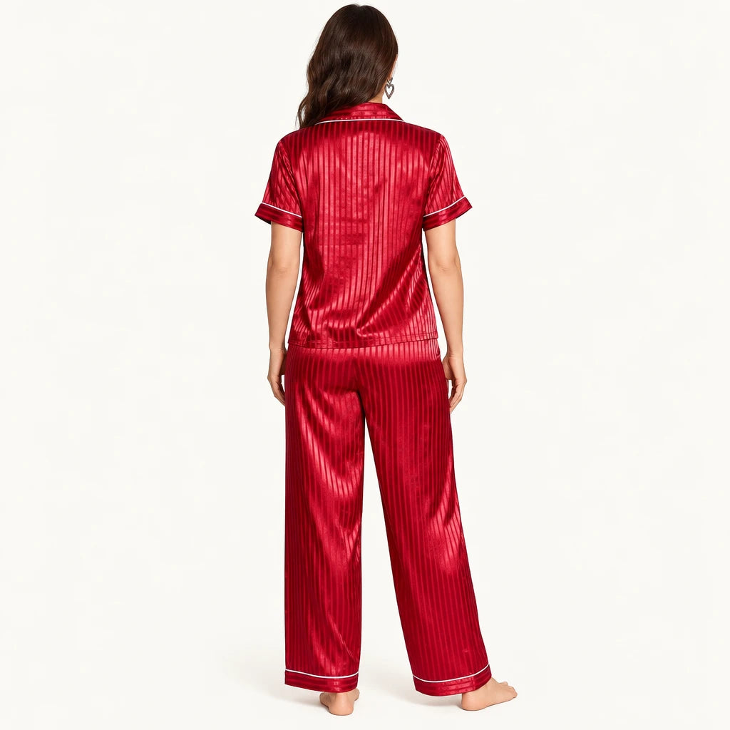 Pyjama Chemise Pantalon Femme En Satin Rayé Rouge