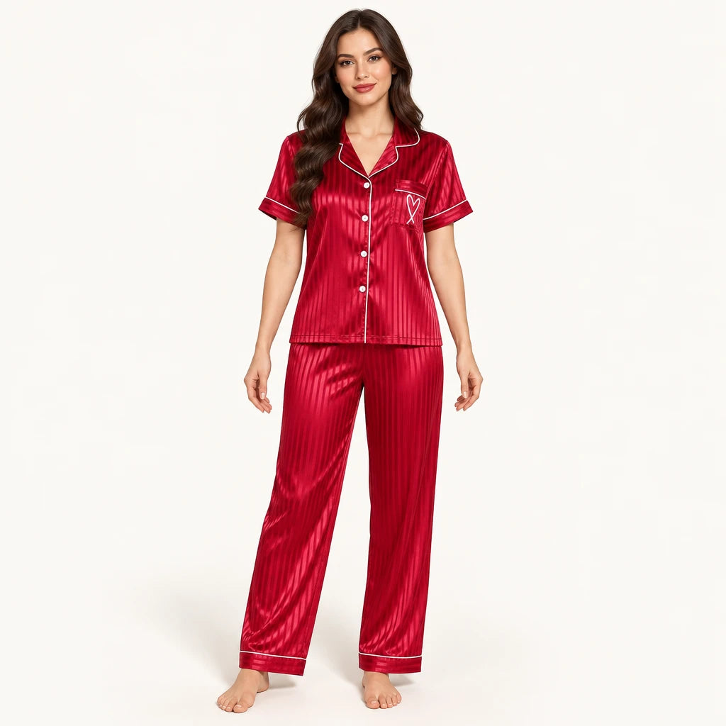 Pyjama Chemise Pantalon Femme En Satin Rayé Rouge