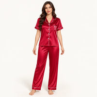 Pyjama Chemise Pantalon Femme En Satin Rayé Rouge