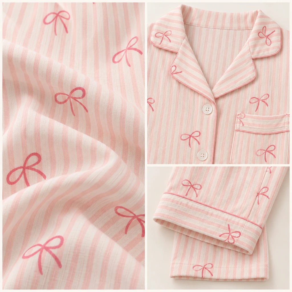 Pyjama Chemise Pantalon Femme Rayé À Nœuds