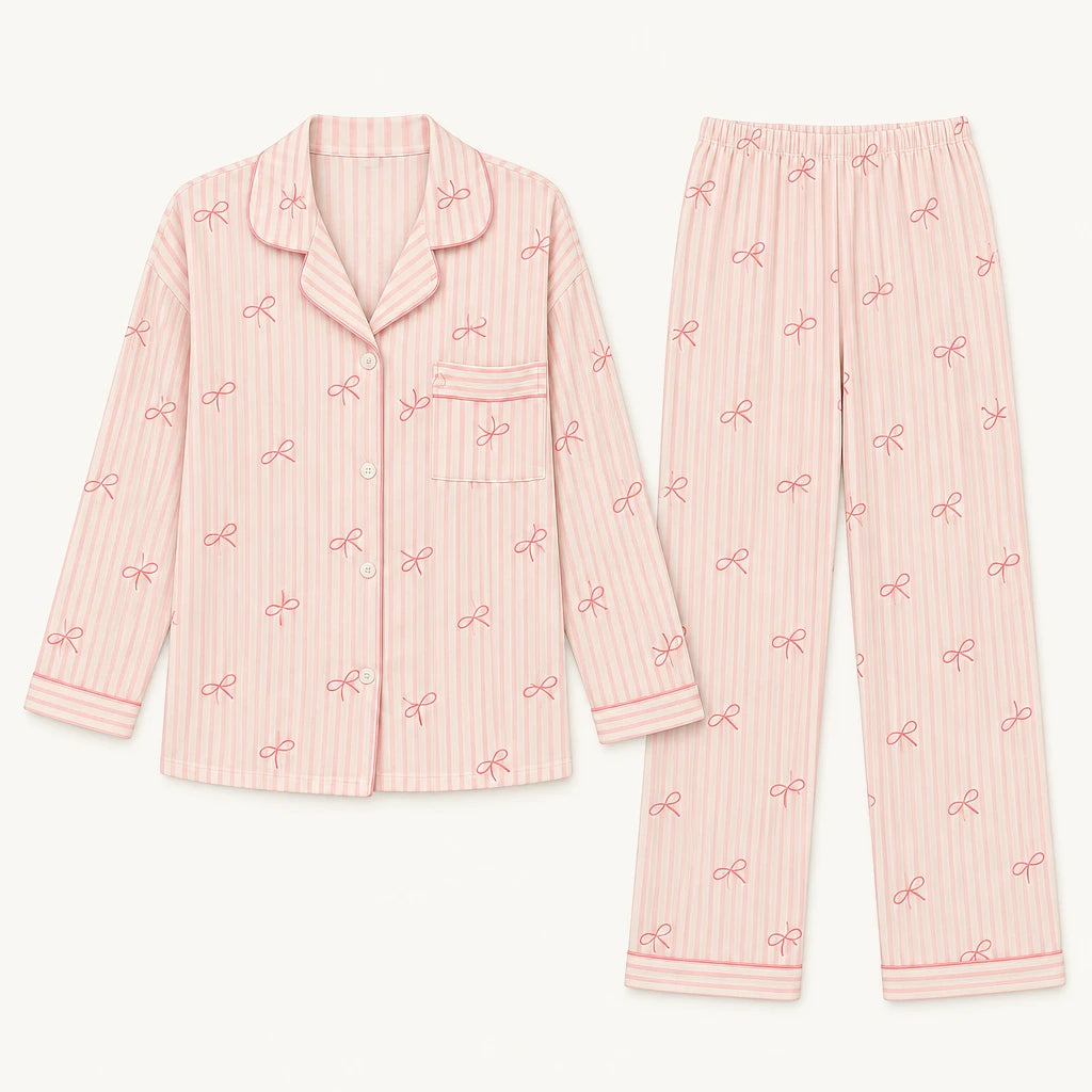 Pyjama Chemise Pantalon Femme Rayé À Nœuds