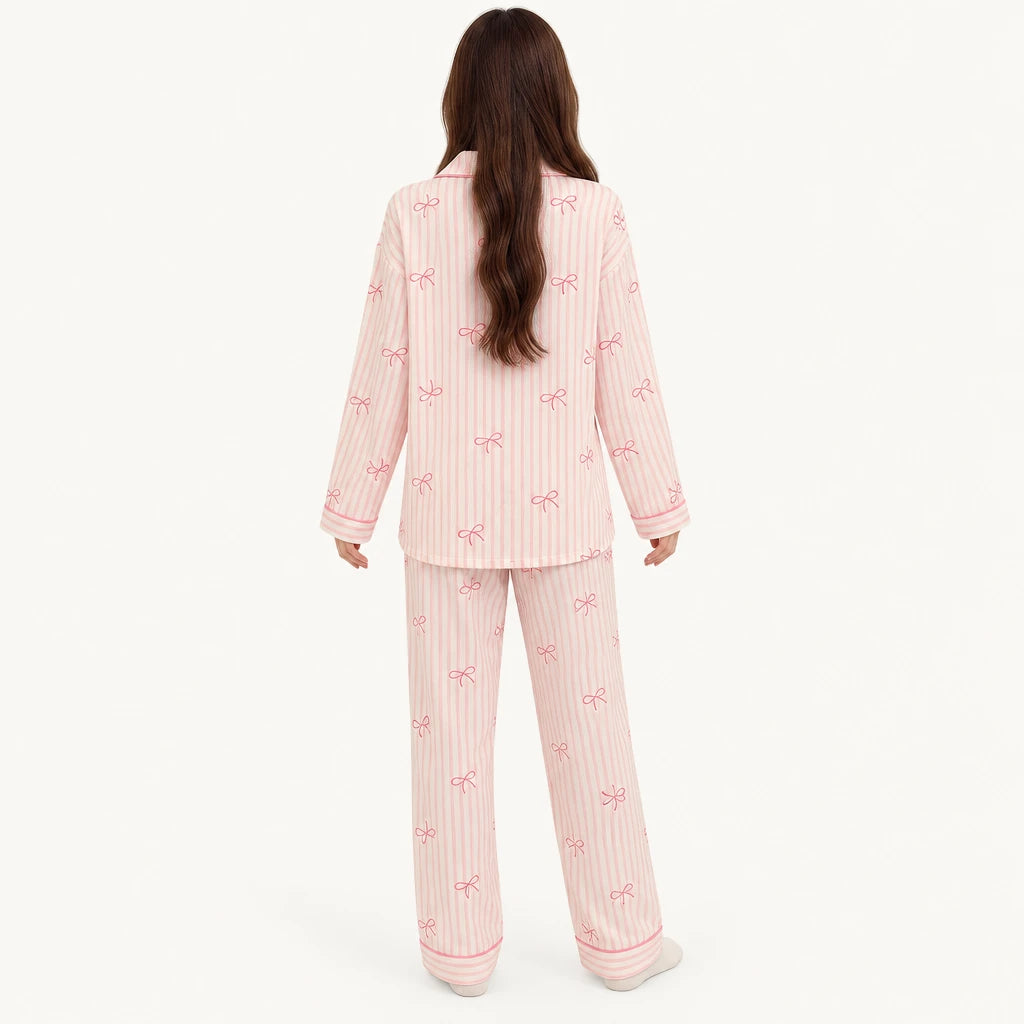 Pyjama Chemise Pantalon Femme Rayé À Nœuds