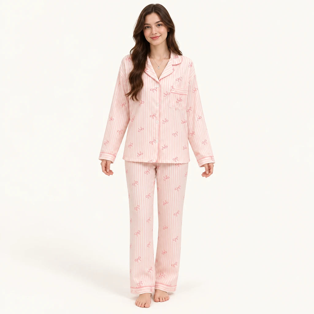 Pyjama Chemise Pantalon Femme Rayé À Nœuds