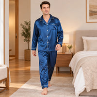 Pyjama Chemise Pantalon Homme En Satin Bleu Marine
