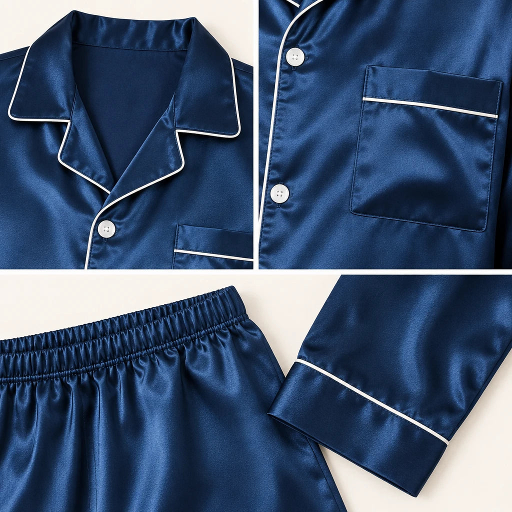 Pyjama Chemise Pantalon Homme En Satin Bleu Marine