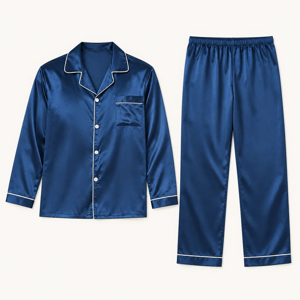 Pyjama Chemise Pantalon Homme En Satin Bleu Marine