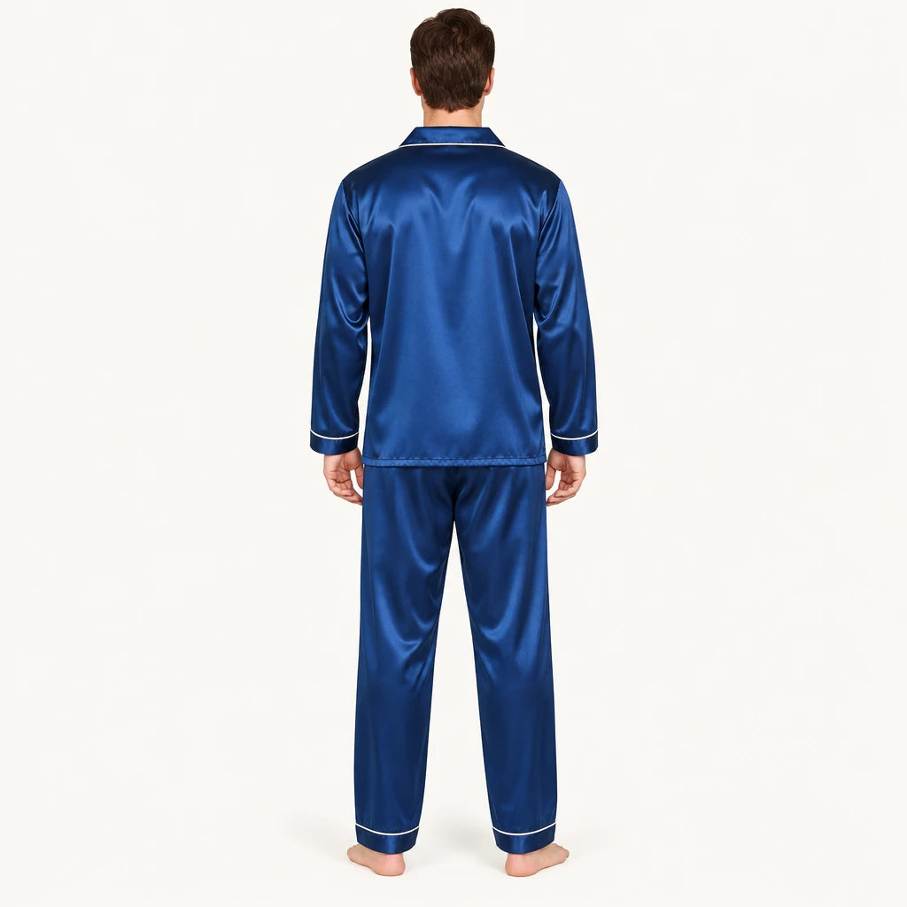 Pyjama Chemise Pantalon Homme En Satin Bleu Marine