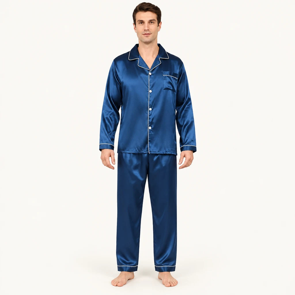 Pyjama Chemise Pantalon Homme En Satin Bleu Marine