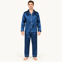 Pyjama Chemise Pantalon Homme En Satin Bleu Marine