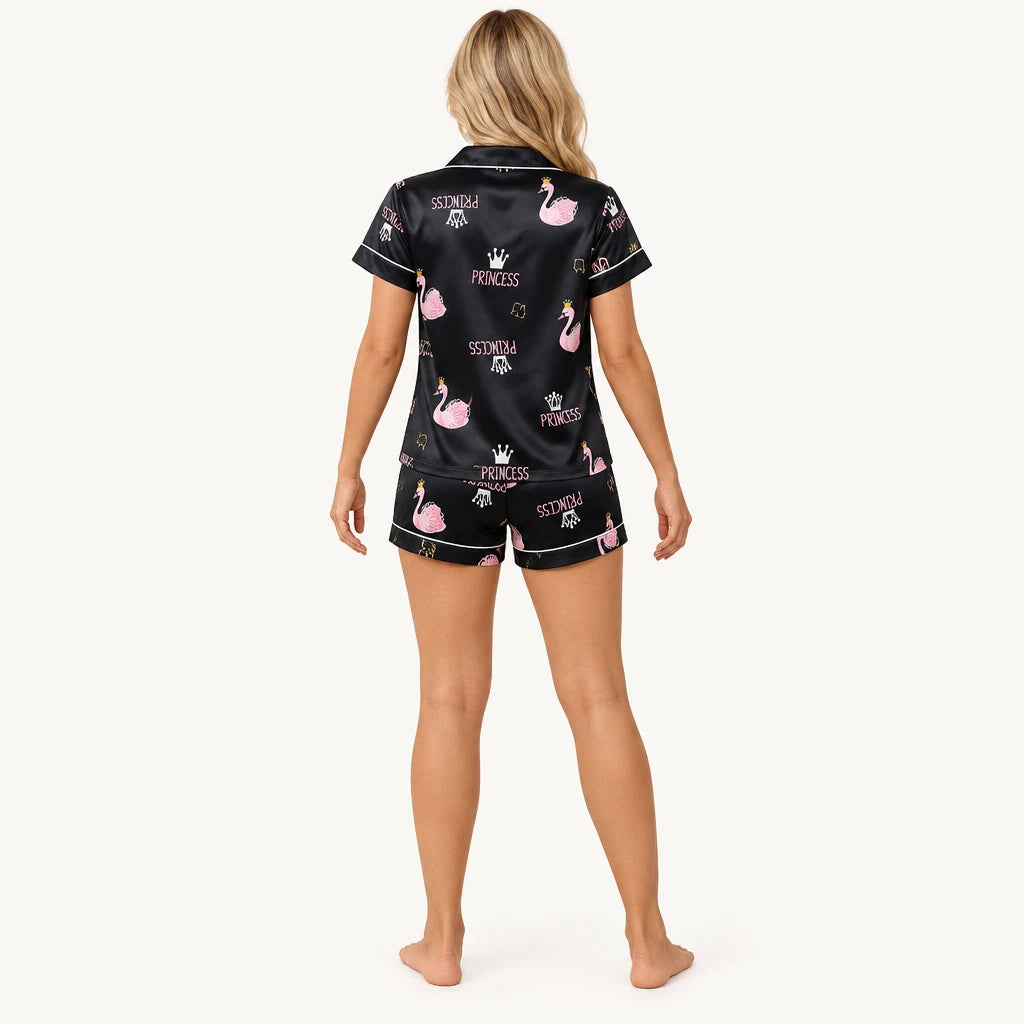 Pyjama Chemise Short Femme En Satin Imprimé Flamant Rose