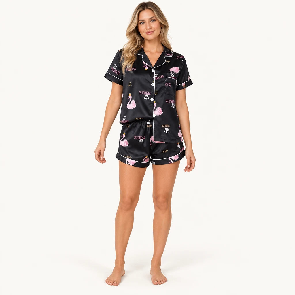 Pyjama Chemise Short Femme En Satin Imprimé Flamant Rose
