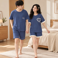 Pyjama Couple Coton Bleu Brodé Cœur