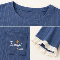 Pyjama Couple Coton Bleu Brodé Cœur