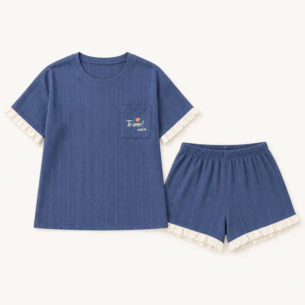 Pyjama Couple Coton Bleu Brodé Cœur