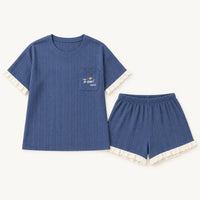 Pyjama Couple Coton Bleu Brodé Cœur