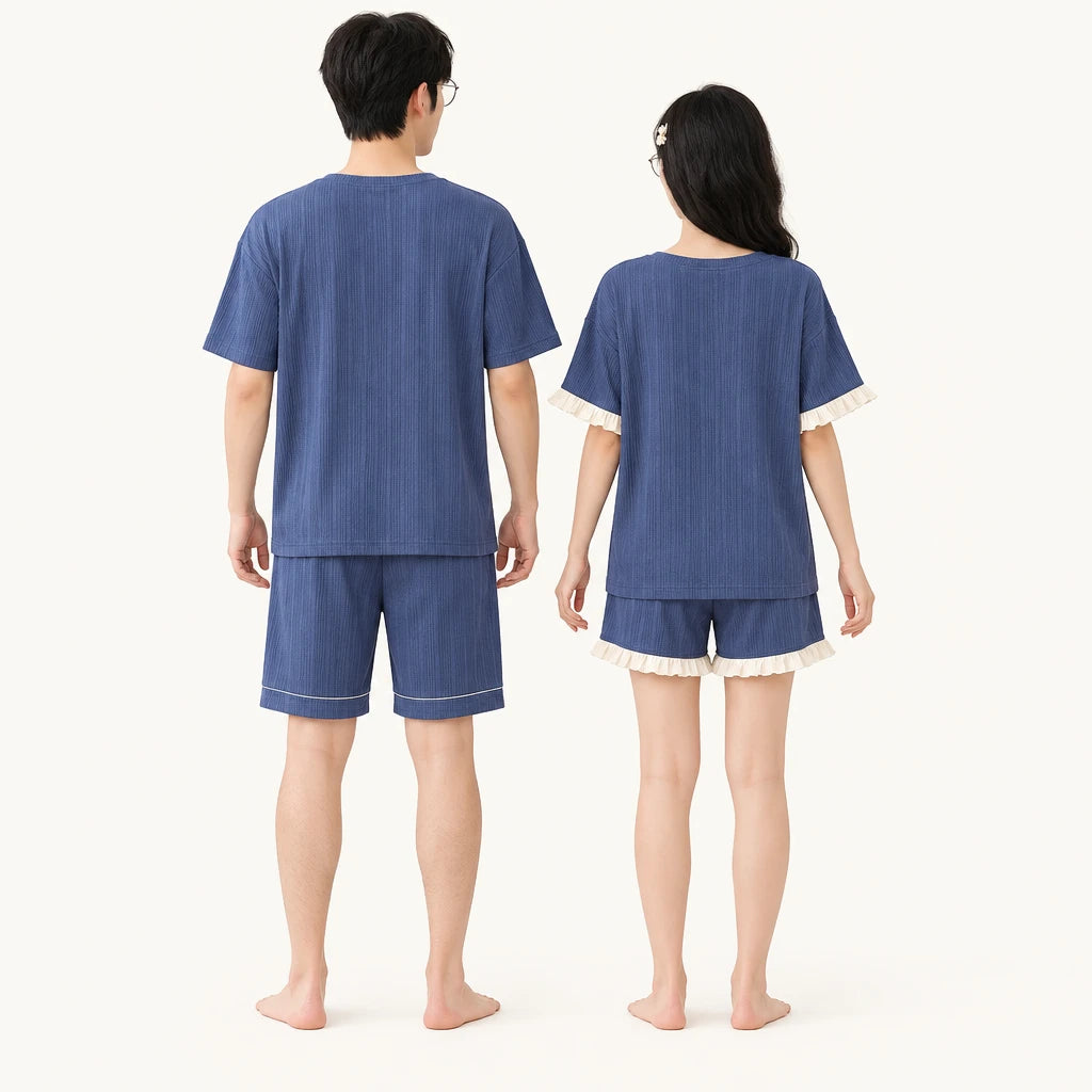 Pyjama Couple Coton Bleu Brodé Cœur