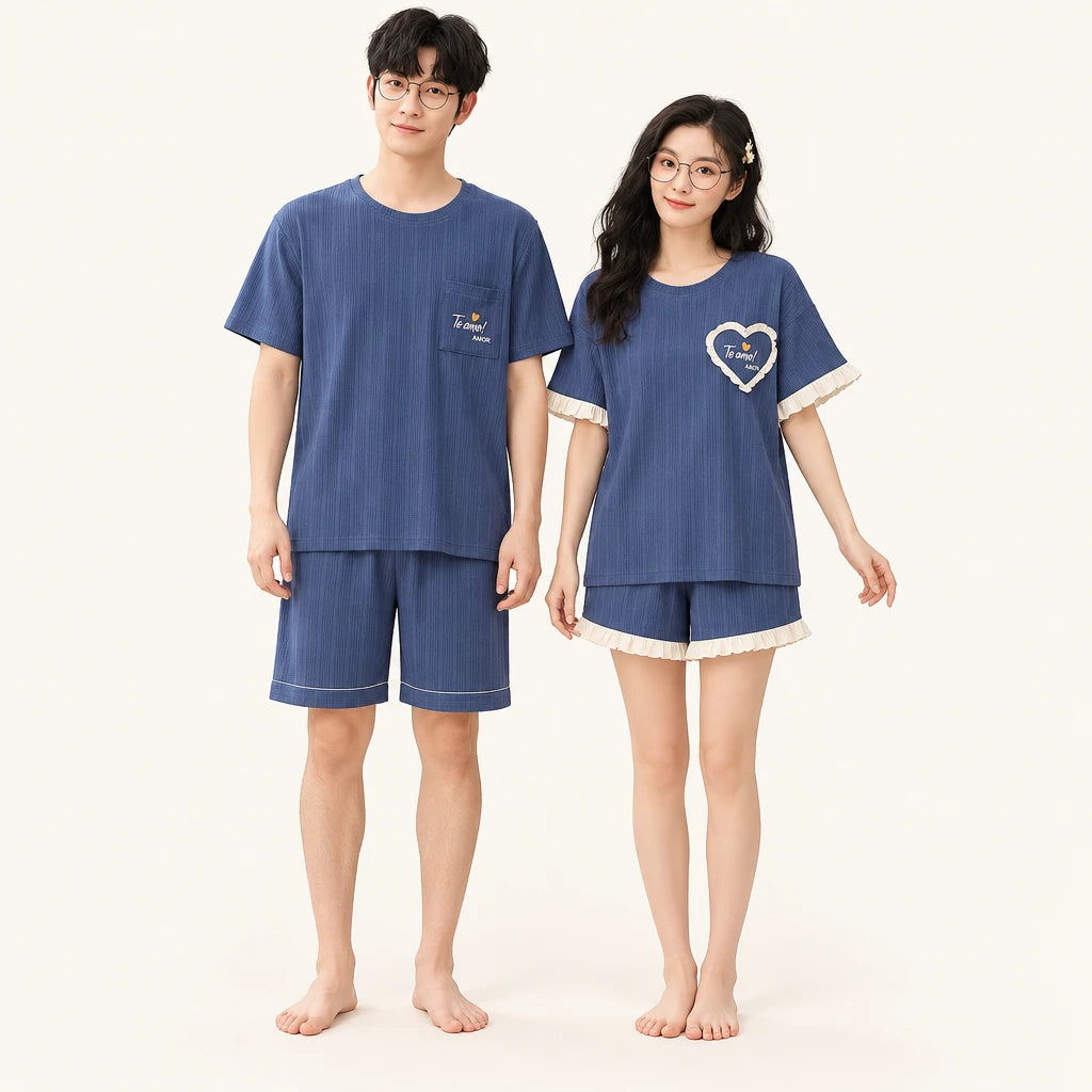 Pyjama Couple Coton Bleu Brodé Cœur
