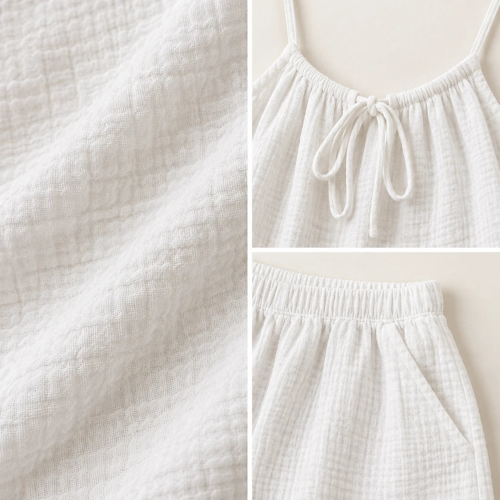 Pyjama D'Été Femme En Coton Gaufré Ensemble 2 Pièces