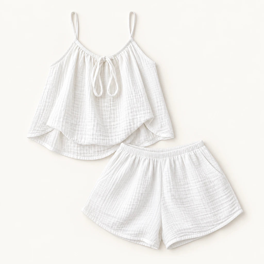Pyjama D'Été Femme En Coton Gaufré Ensemble 2 Pièces