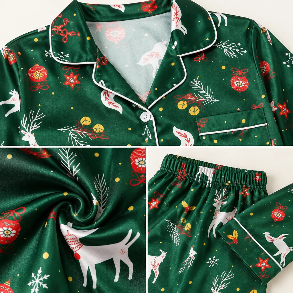 Pyjama De Noël En Satin Vert Imprimé Rennes