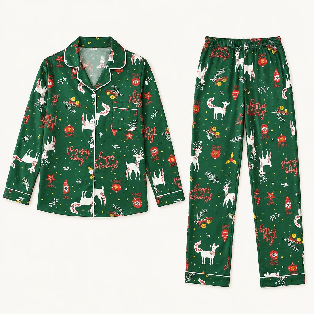 Pyjama De Noël En Satin Vert Imprimé Rennes