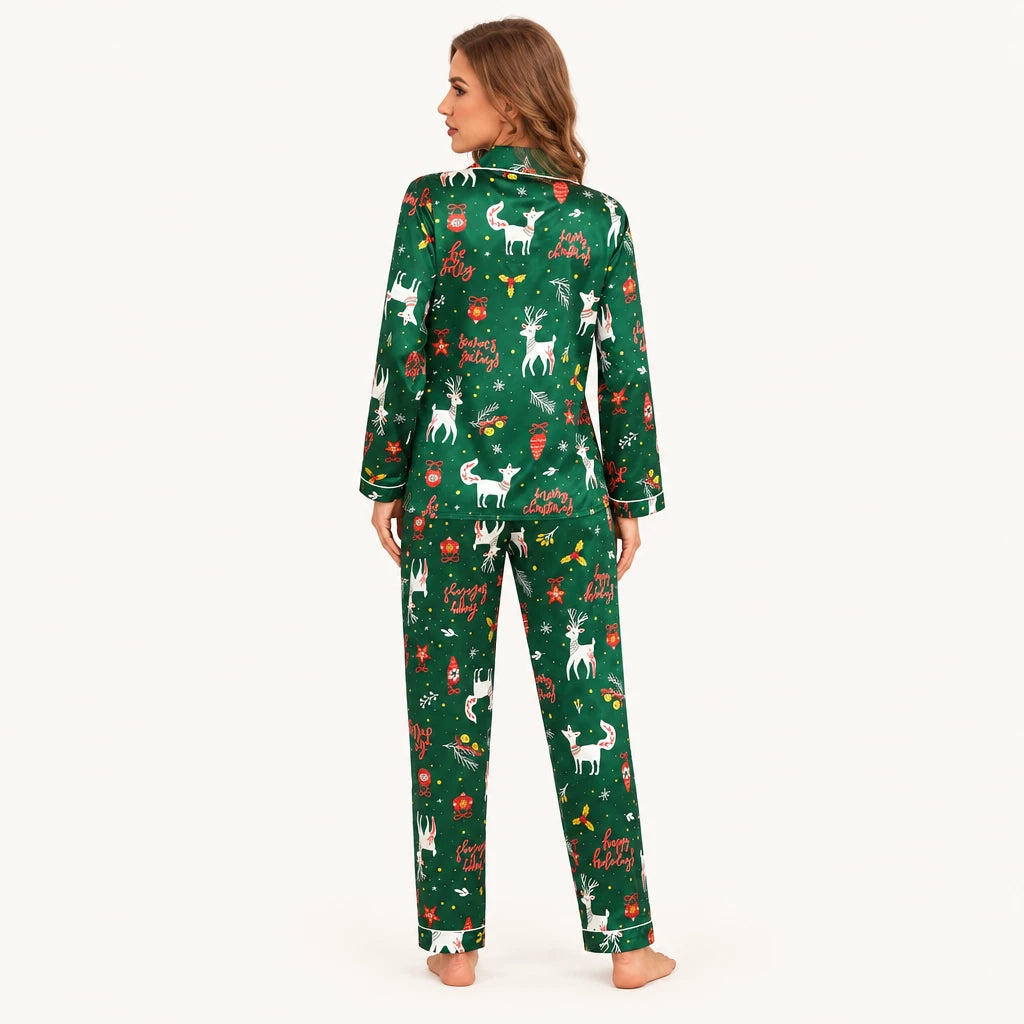 Pyjama De Noël En Satin Vert Imprimé Rennes