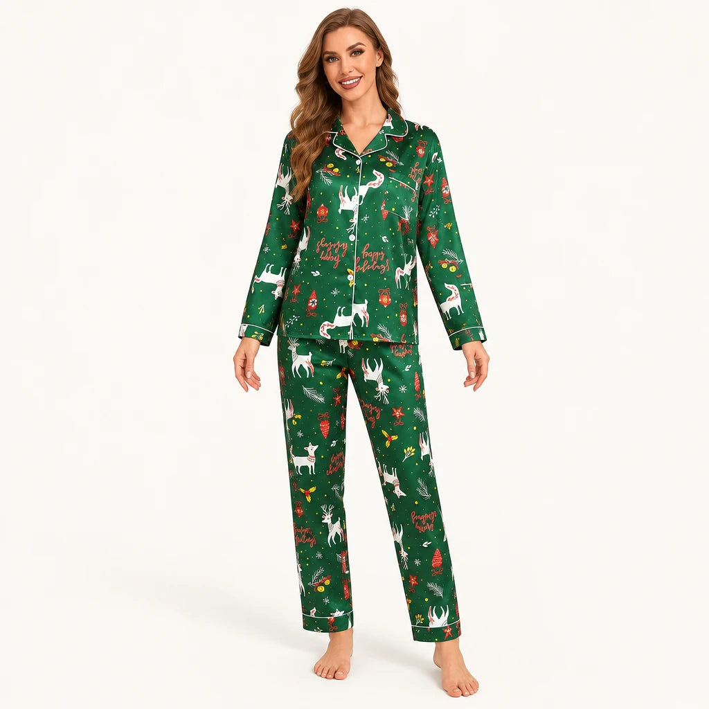 Pyjama De Noël En Satin Vert Imprimé Rennes