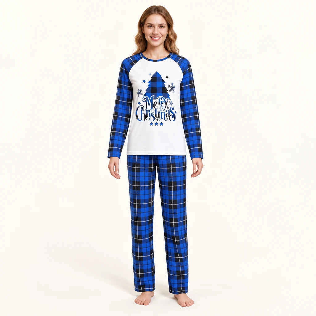 Pyjama De Noël Famille Assorti Sapin Imprimé Bleu