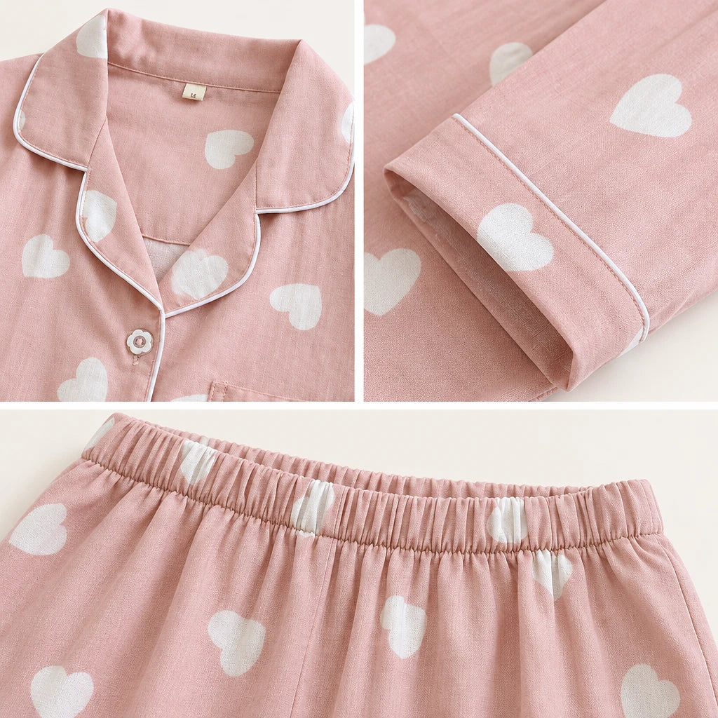 Pyjama Femme 100 % Coton Motif Cœurs À Manches Longues