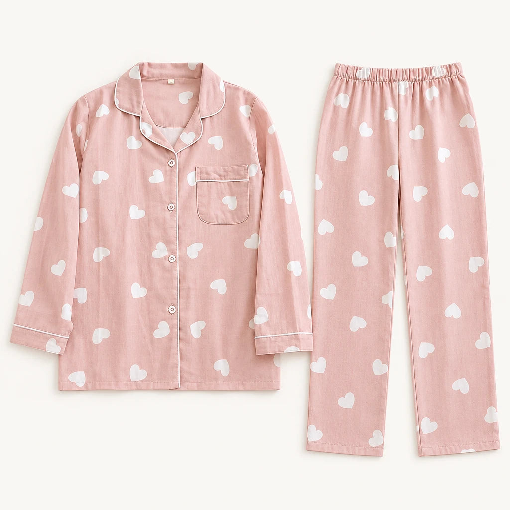 Pyjama Femme 100 % Coton Motif Cœurs À Manches Longues