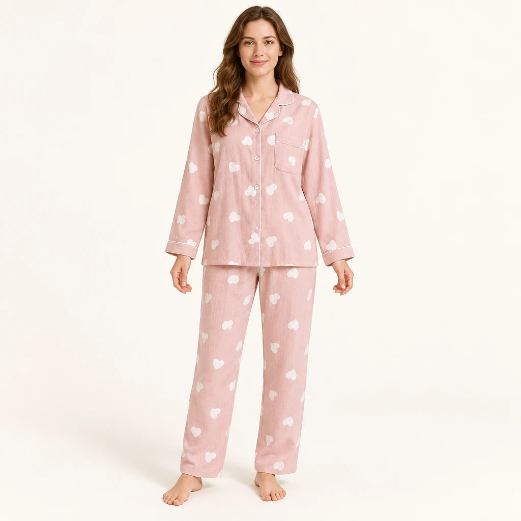 Pyjama Femme 100 % Coton Motif Cœurs À Manches Longues