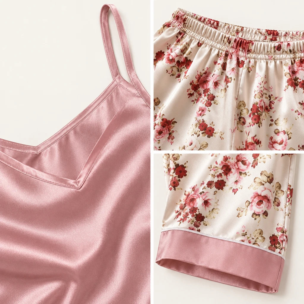 Pyjama Femme Caraco Satin Pantalon Fleuri