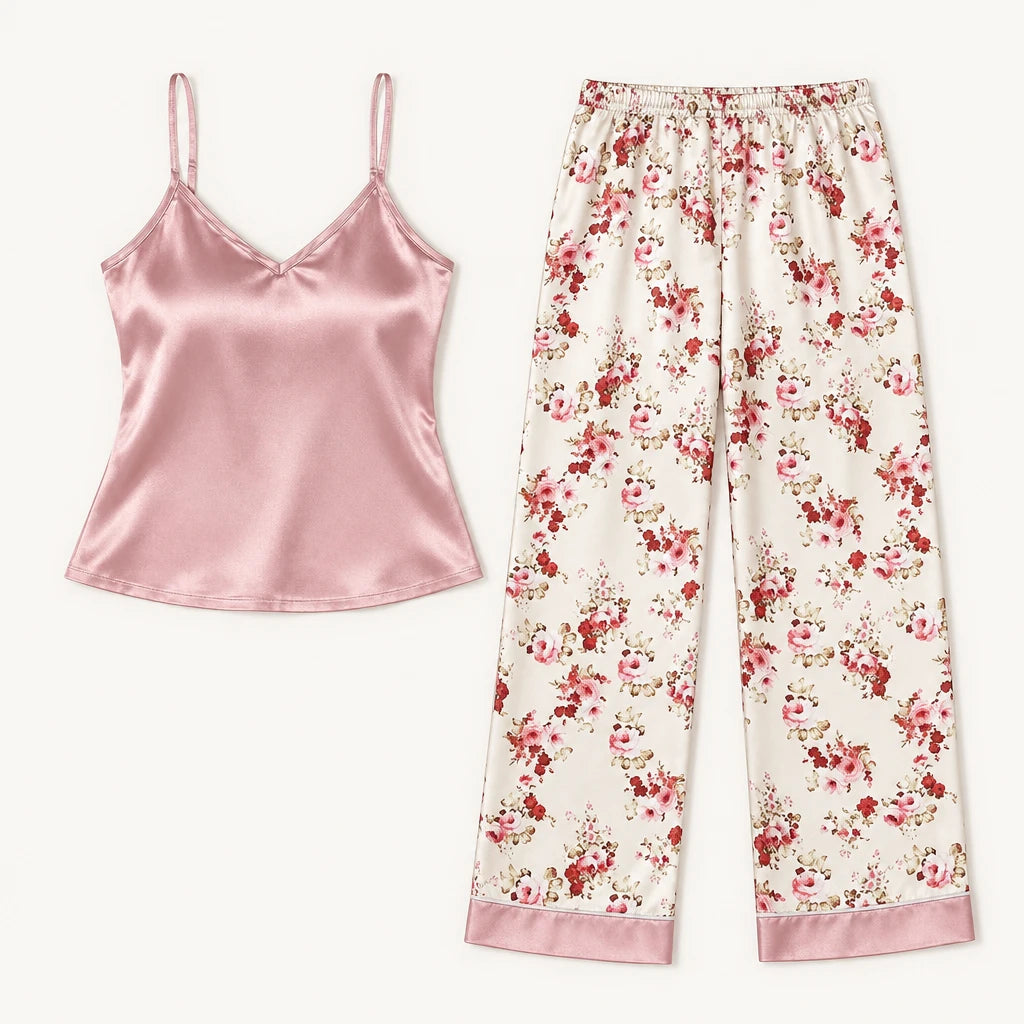 Pyjama Femme Caraco Satin Pantalon Fleuri