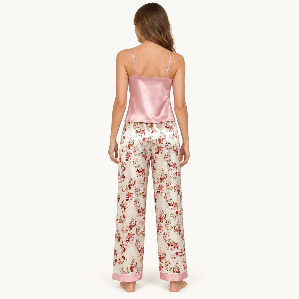 Pyjama Femme Caraco Satin Pantalon Fleuri