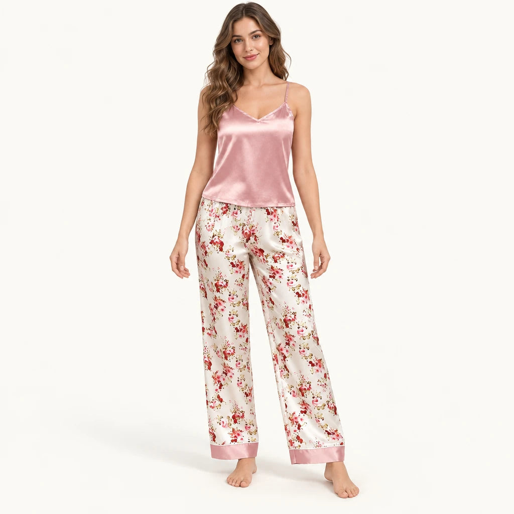 Pyjama Femme Caraco Satin Pantalon Fleuri